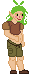 fae creature with green hair and eyes wearing a brown crop top with puffy sleeves and dark green cargo shorts with a tied belt